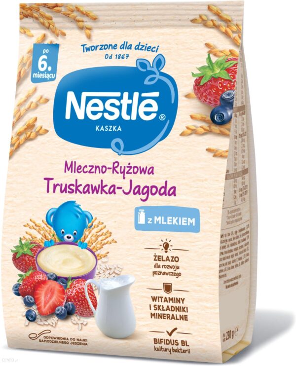 Nestle Kaszka Mleczno-Ryżowa Truskawka Jagoda dla niemowląt po 6 Miesiącu 230g